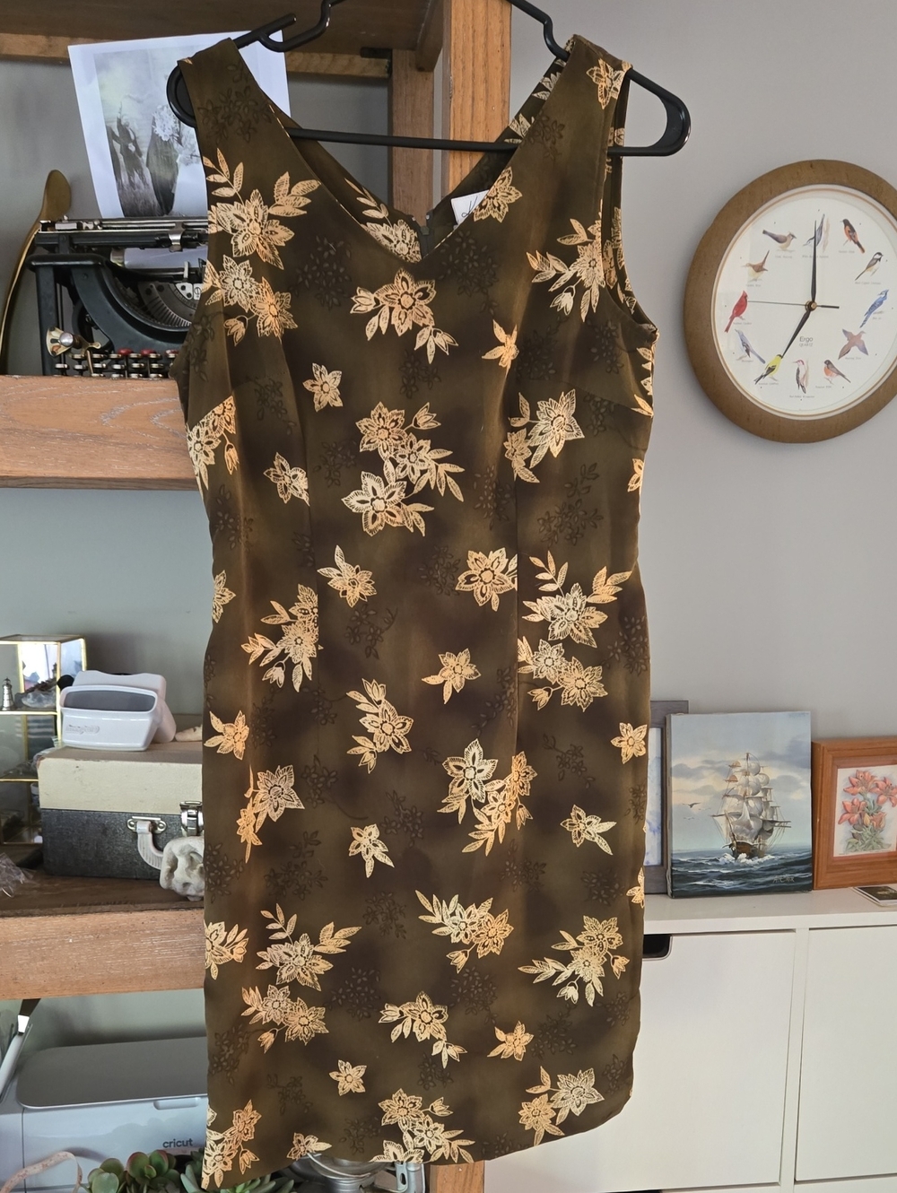 Vintage Sleeveless Olive Floral Sheath Dress - Brand: Kathie Lee Collection